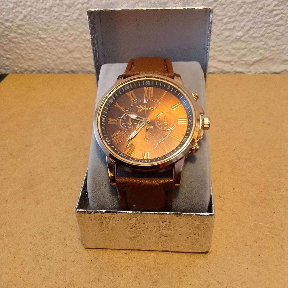 Brown Leather Watch with Gold Accents